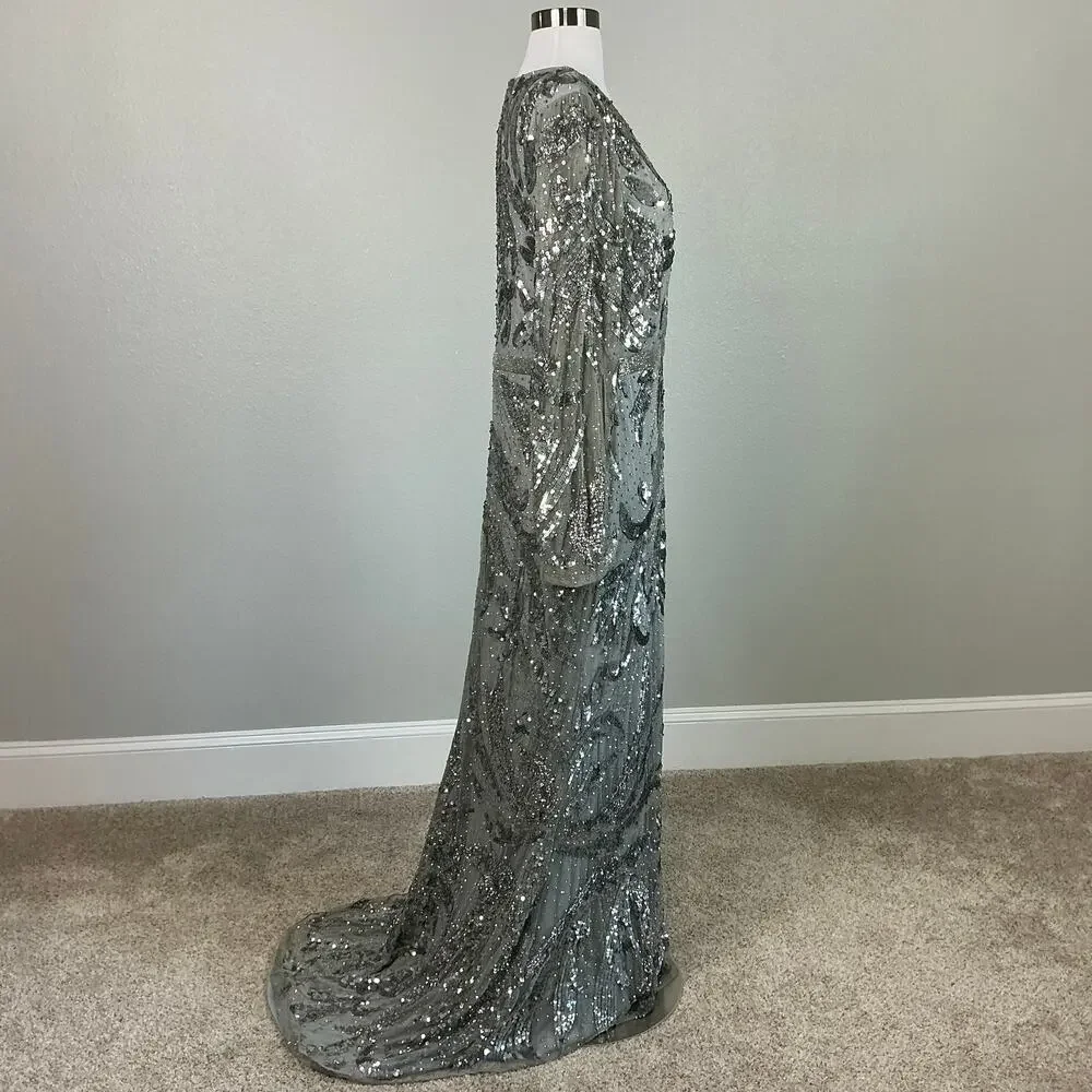Mac Duggal 5222 Silver Evening Gown Sequined Long Sleeve A-Line Dress Size 12 - Picture 4 of 12